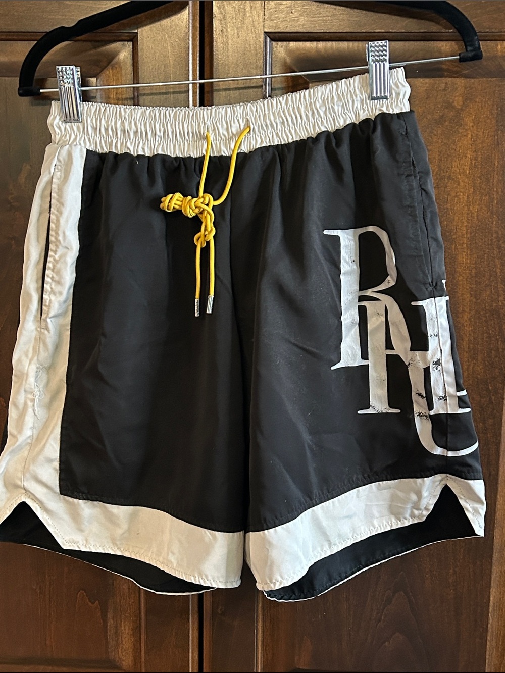 RHUDE Sz S Black and White Athletic Shorts with Yellow knotted Drawstring